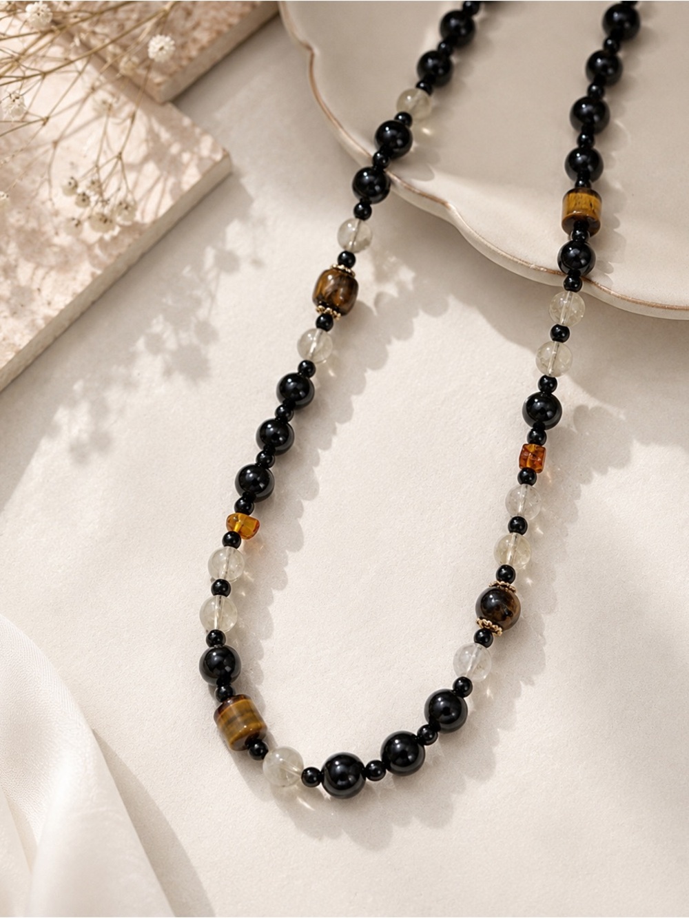 Natural Citrine, Black Agate，amber  & Tiger Eye Handmade Beaded Necklace